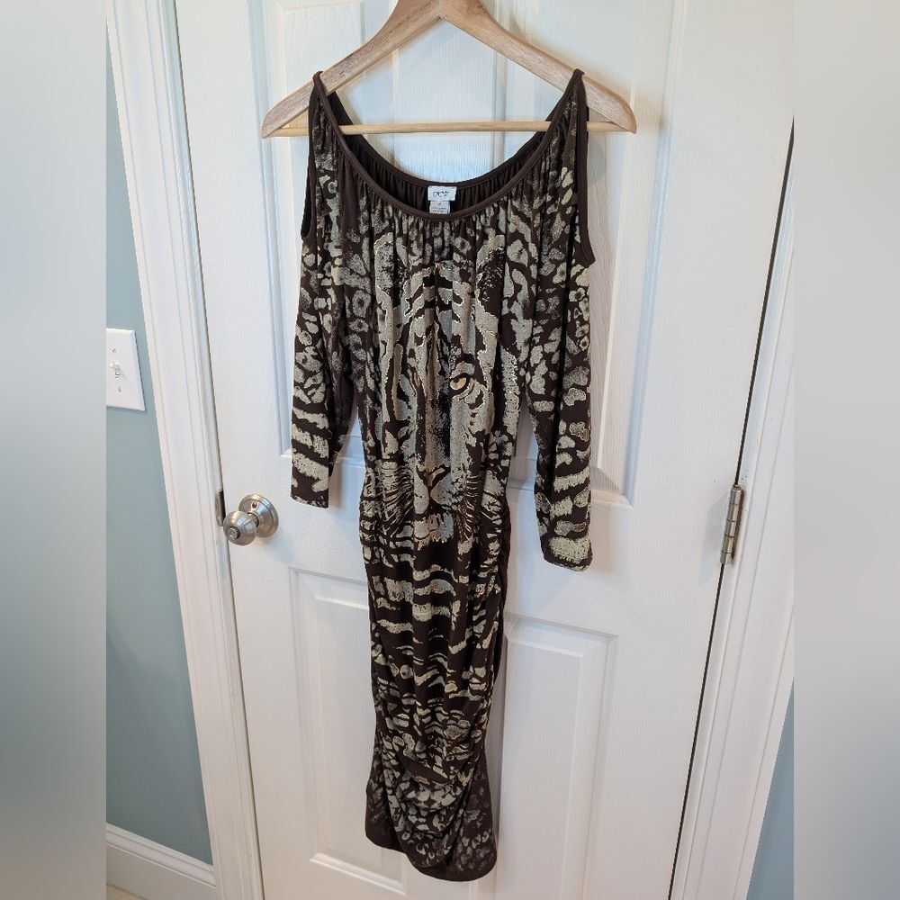 New Cache Tiger Graphic Print Bodycon Dress Cold Shoulder Medium - Picture 7 of 10